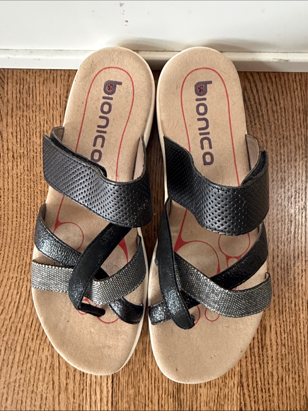 Bionica Black And Silver Metallic Strappy Slide Sandals